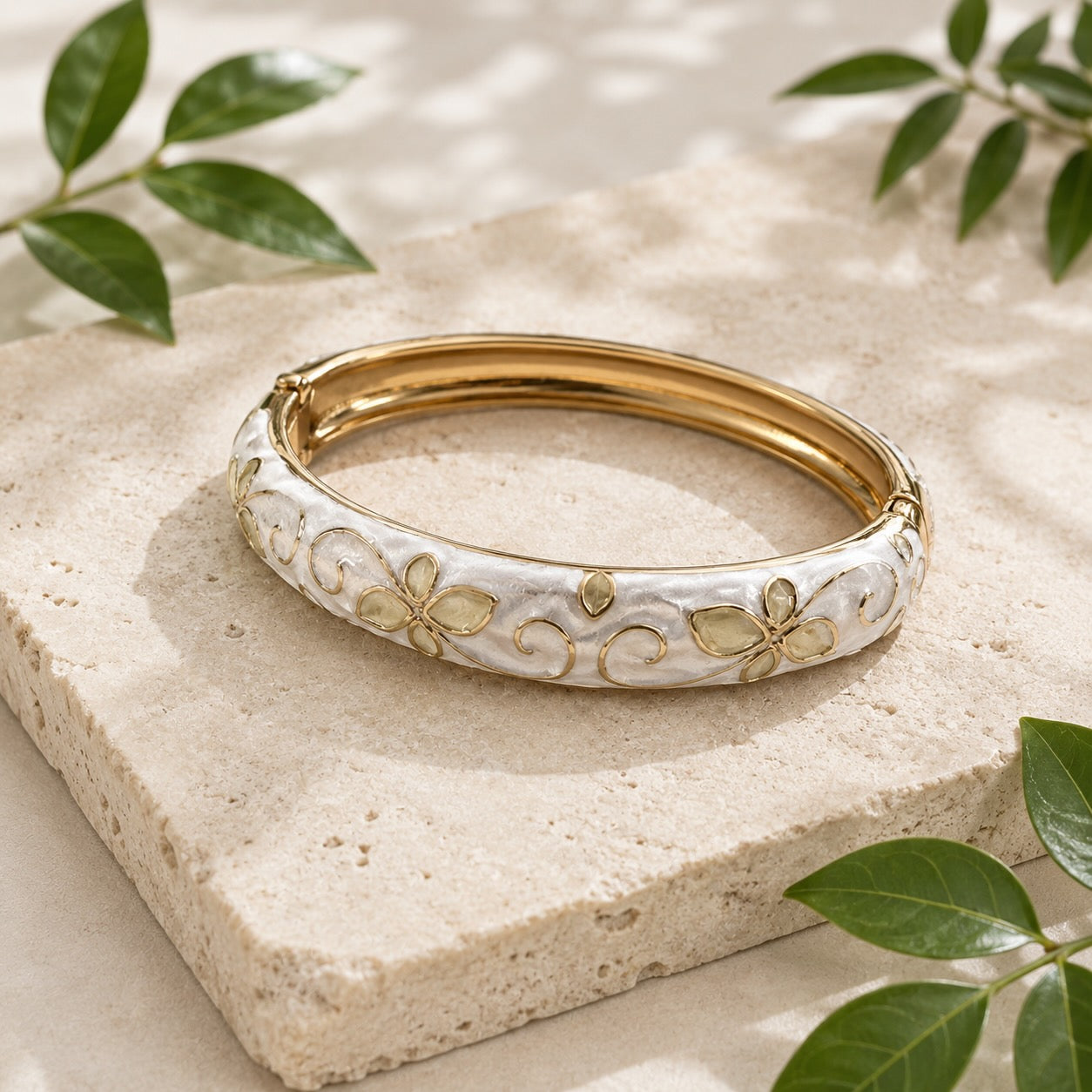 Gold White Enamel Flower Pattern Hinged Bangle Bracelet Women Jewellery