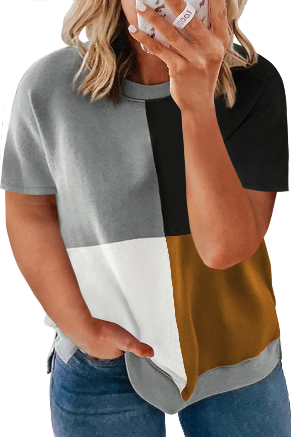 Plus Size Black, Grey, White & Brown Crew Neck Colorblock T-Shirt