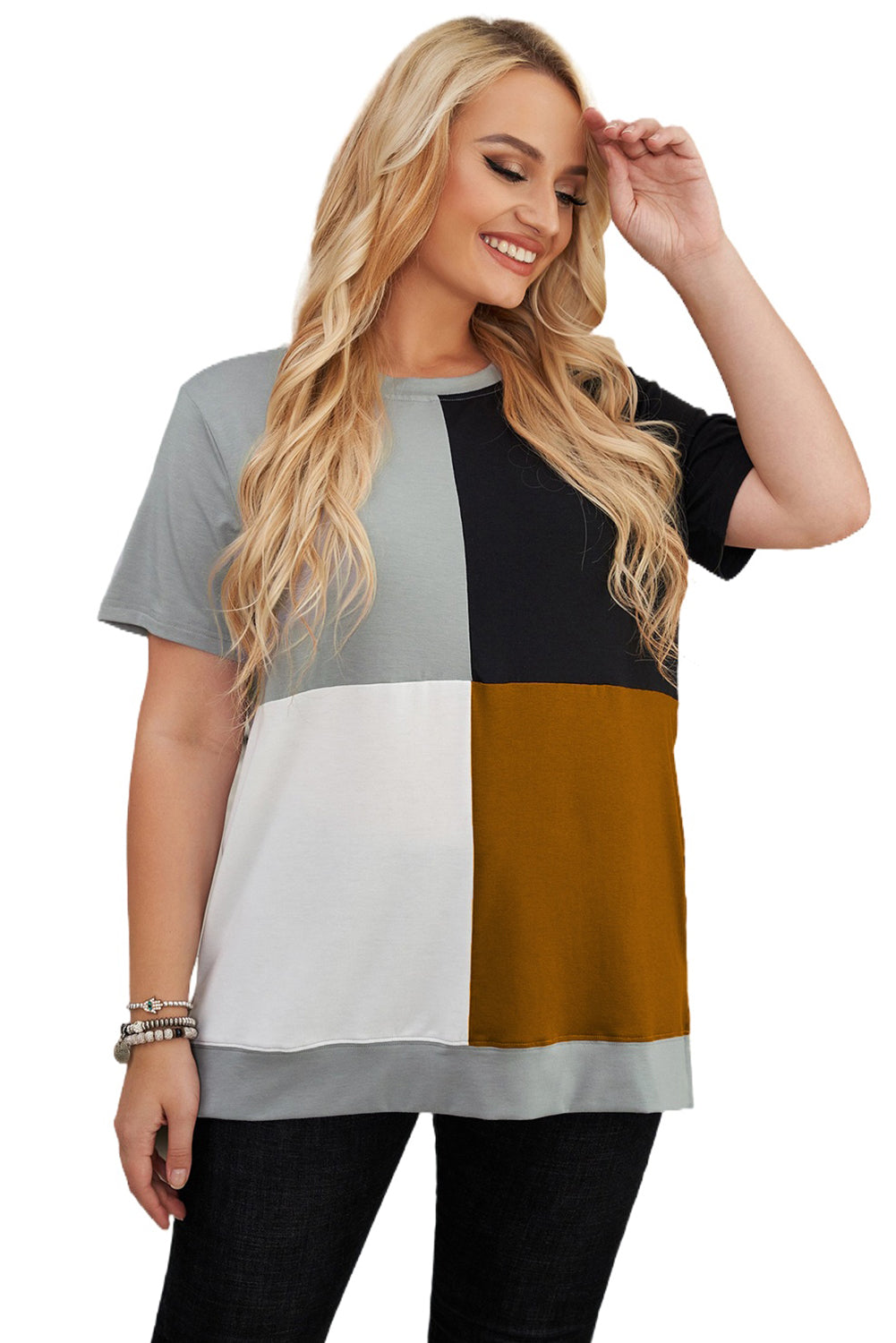 Plus Size Black, Grey, White & Brown Crew Neck Colorblock T-Shirt