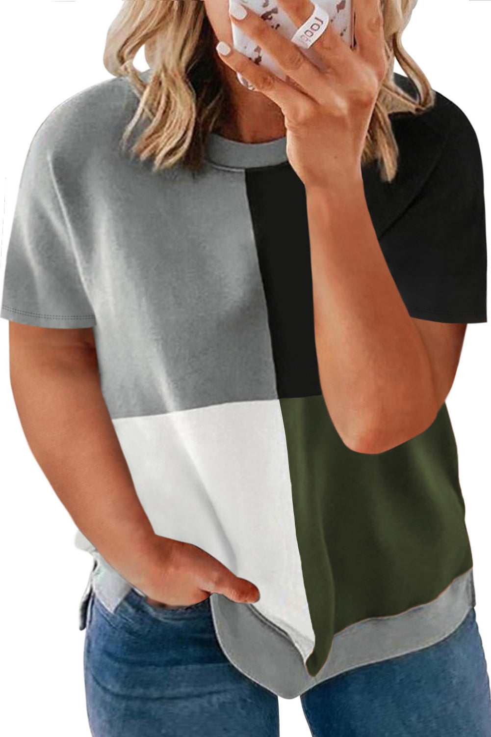 Olive Green Plus Size Crew Neck Colorblock T-Shirt