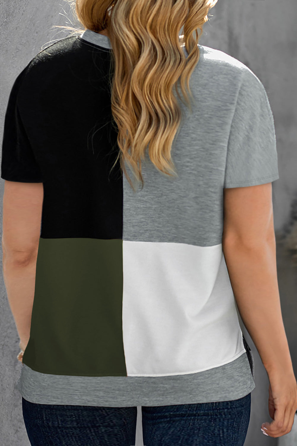 Olive Green Plus Size Crew Neck Colorblock T-Shirt