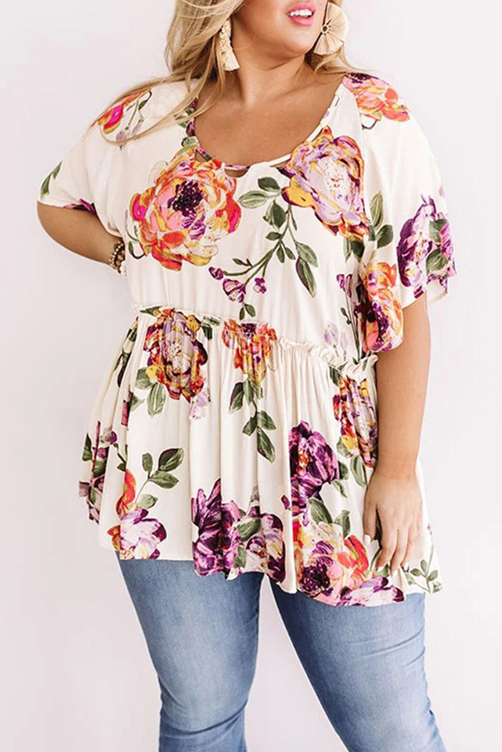 White Plus Size Floral Babydoll Tunic Top