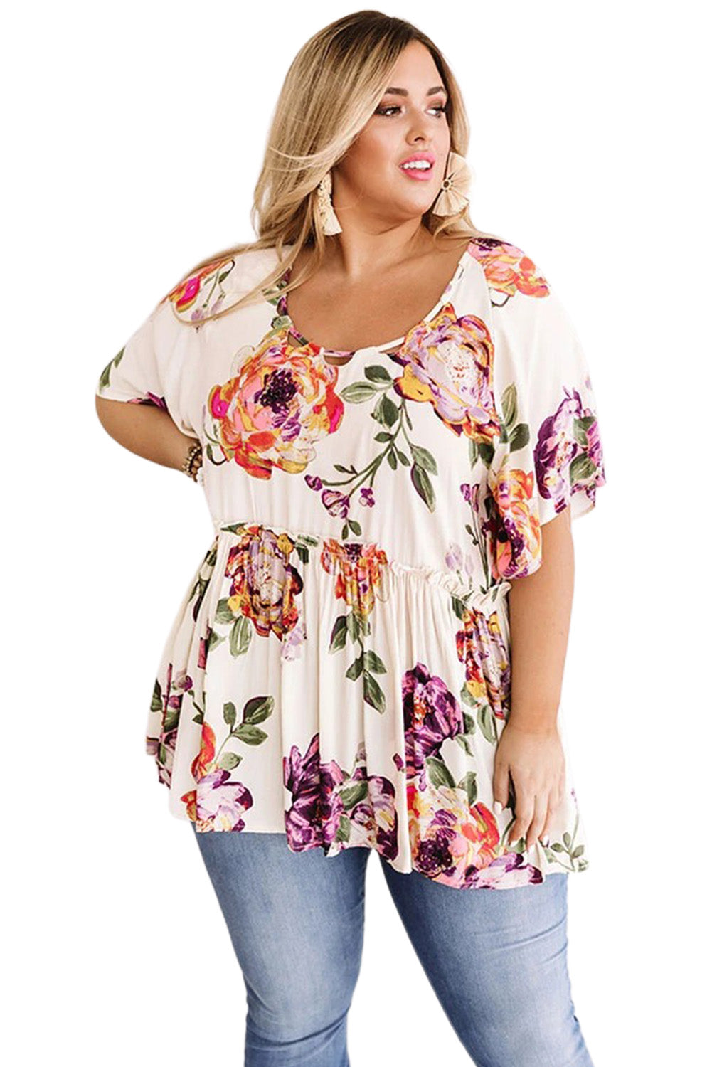 White Plus Size Floral Babydoll Tunic Top