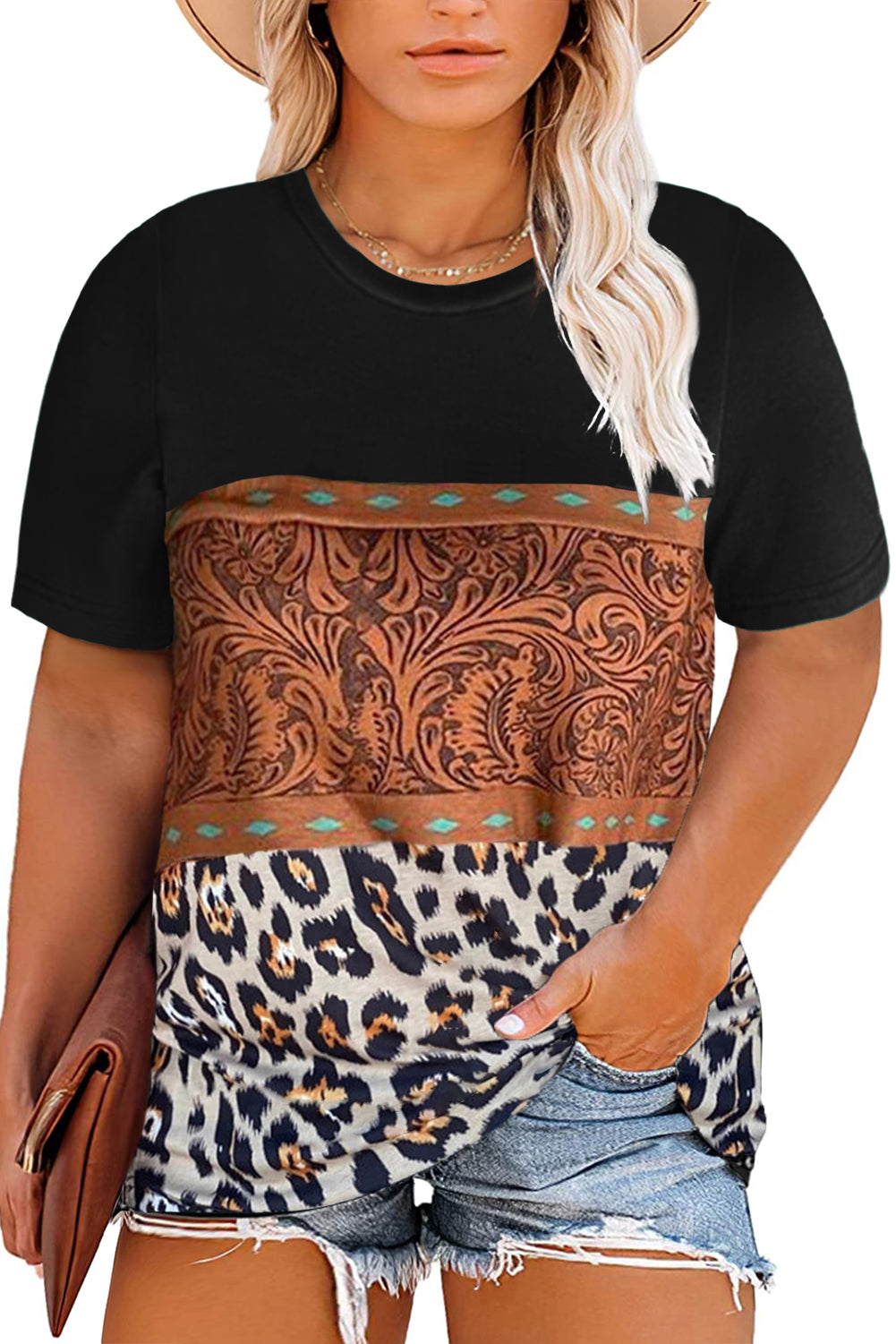 Short Sleeve Black, Leopard Print & Paisley Plus Size Top