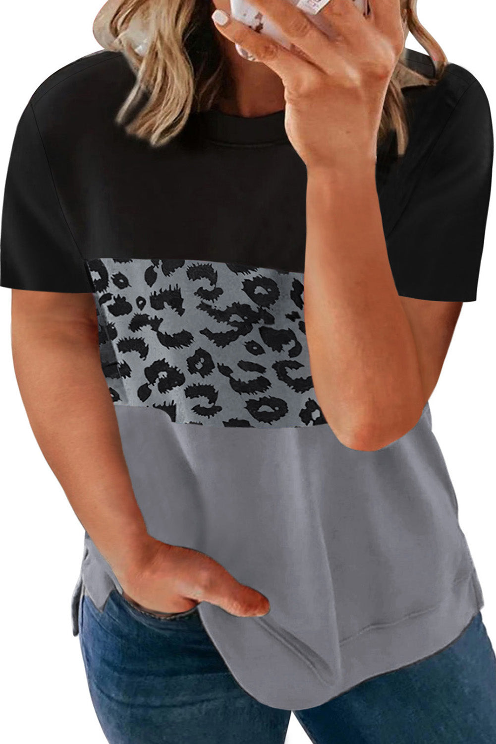 Black & Grey Leopard Print Patchwork Plus Size T Shirt