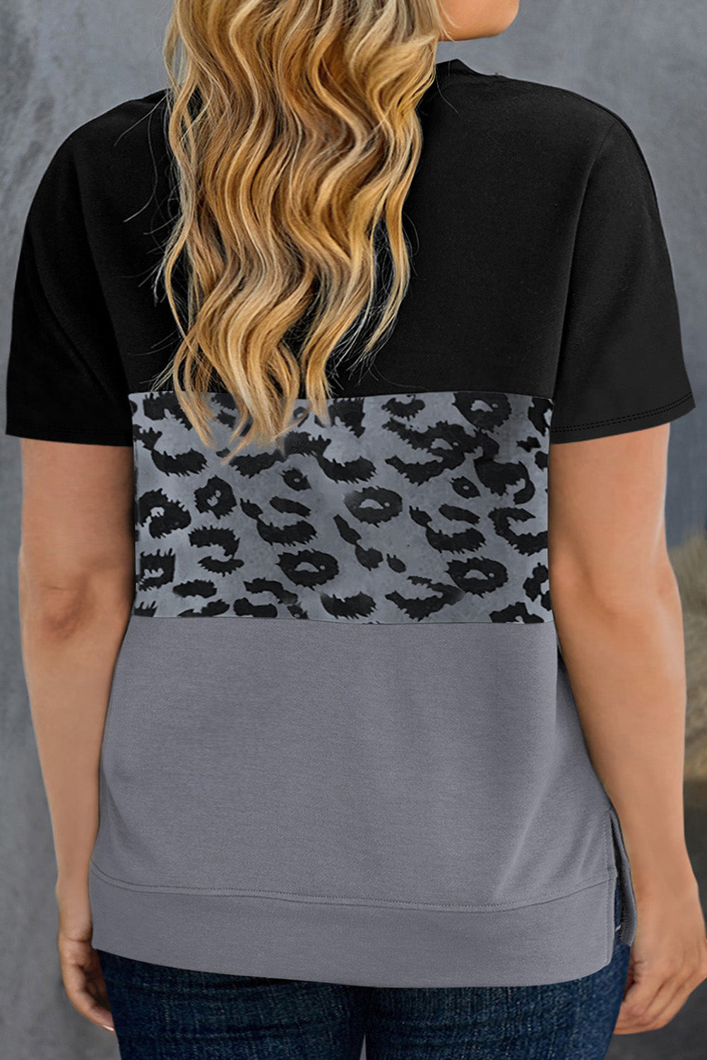 Black & Grey Leopard Print Patchwork Plus Size T Shirt