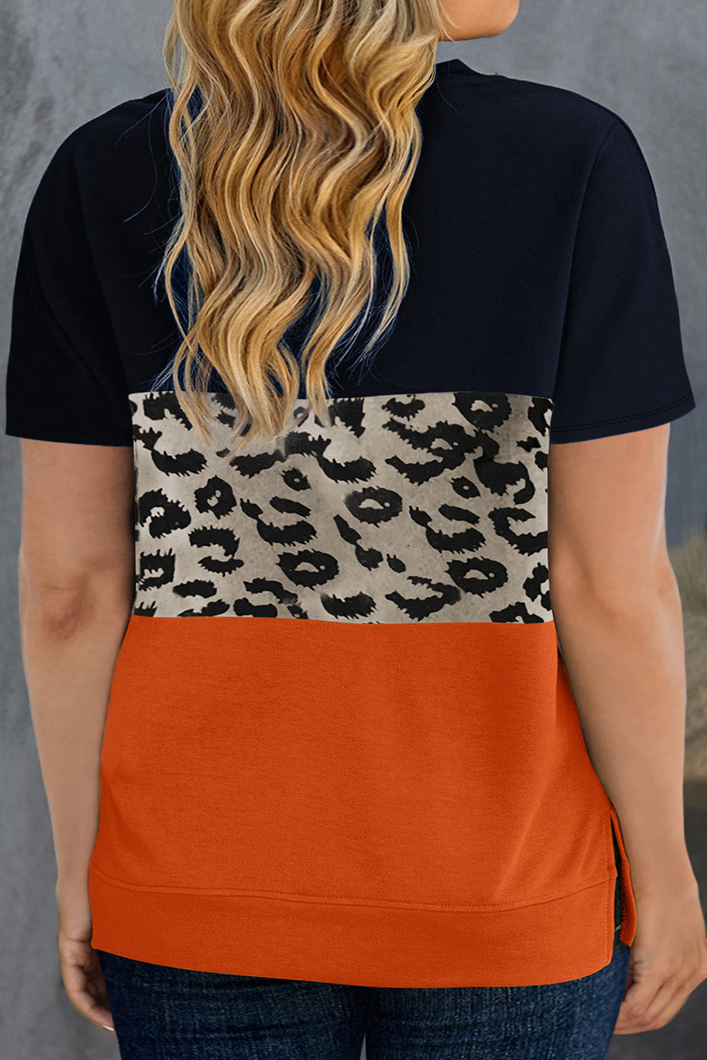 Orange & Navy Leopard Print Patchwork T Shirt Plus Size