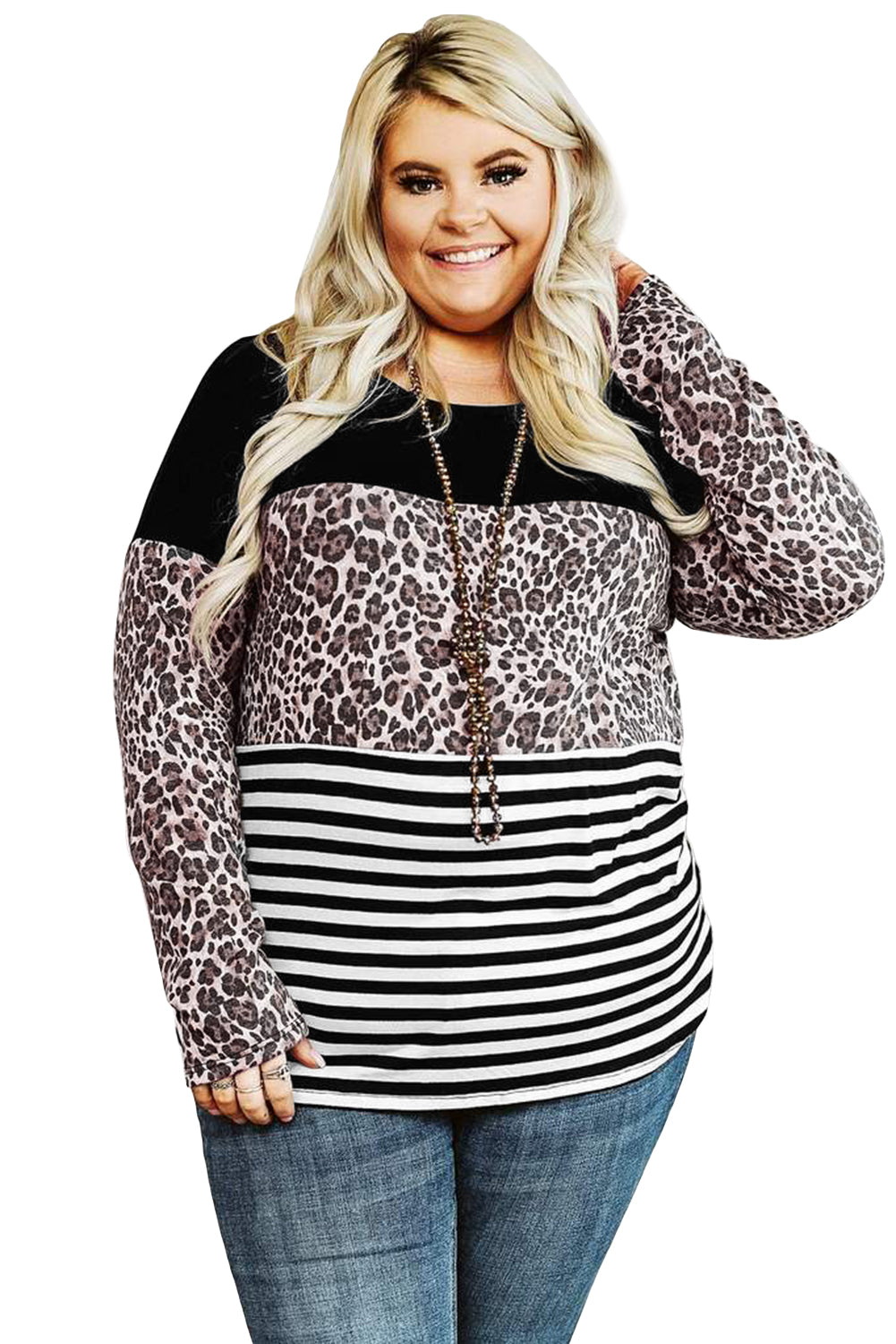 Long Sleeve Black, Leopard Print & Stripes Plus Size Top