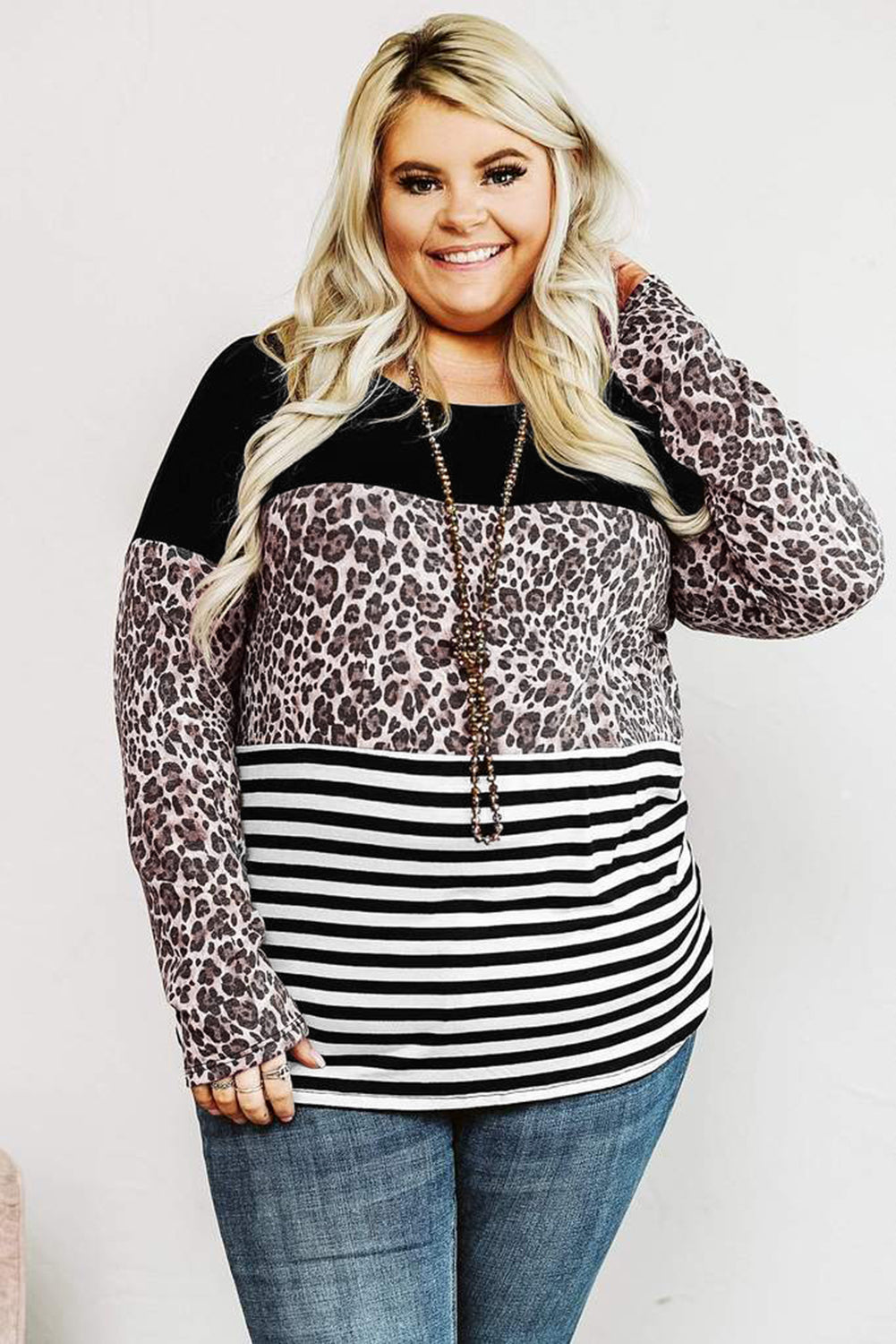 Long Sleeve Black, Leopard Print & Stripes Plus Size Top