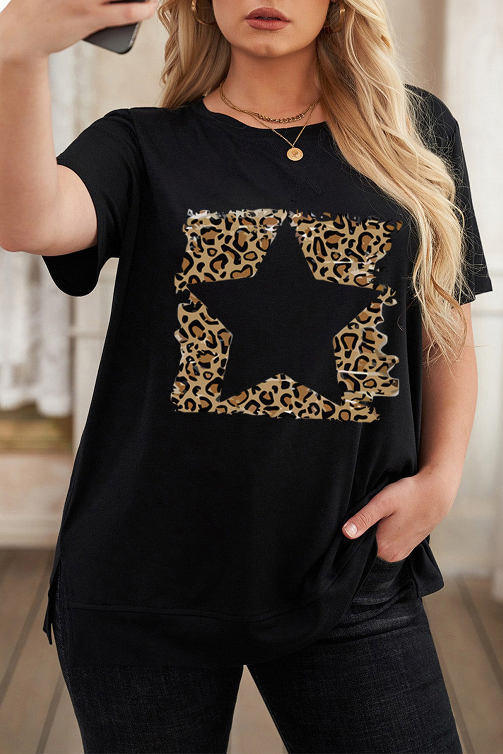 Black & Leopard Print Star T Shirt Plus Size