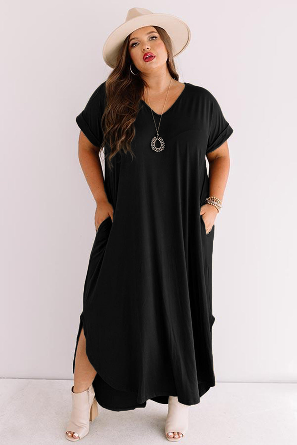 Womens Plus Size Black Dress with V-Neckline