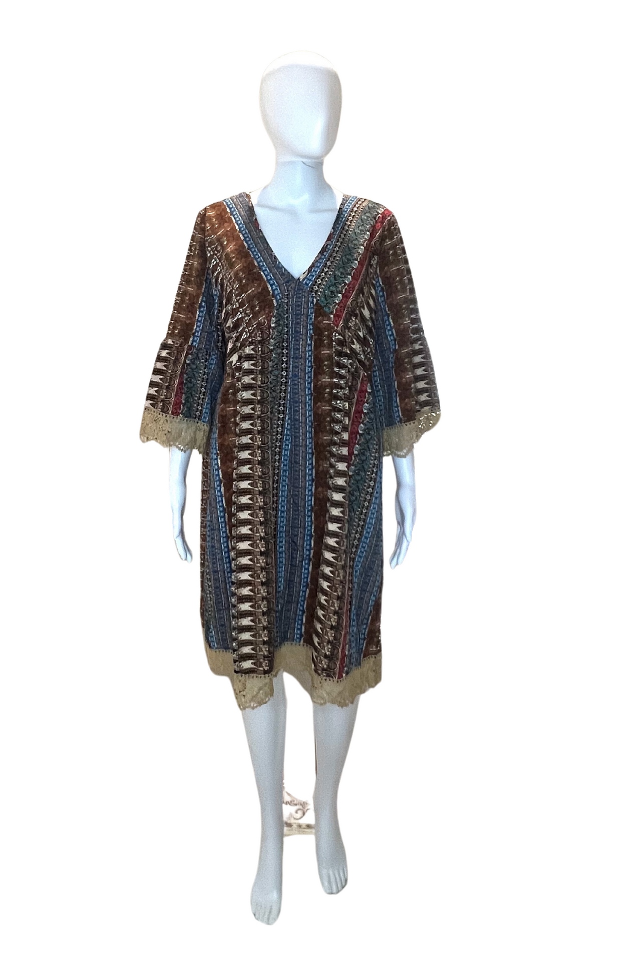 Boho Style Relaxed Fit Women’s Dress – Geometric Print V-Neck Tunic