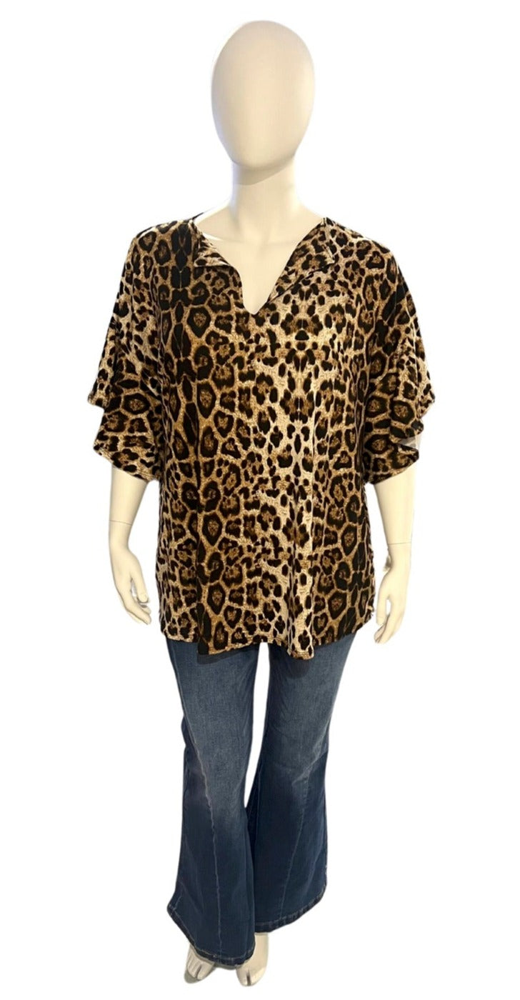 Animal Print Split Collar Leopard Print Plus Size Womens Top
