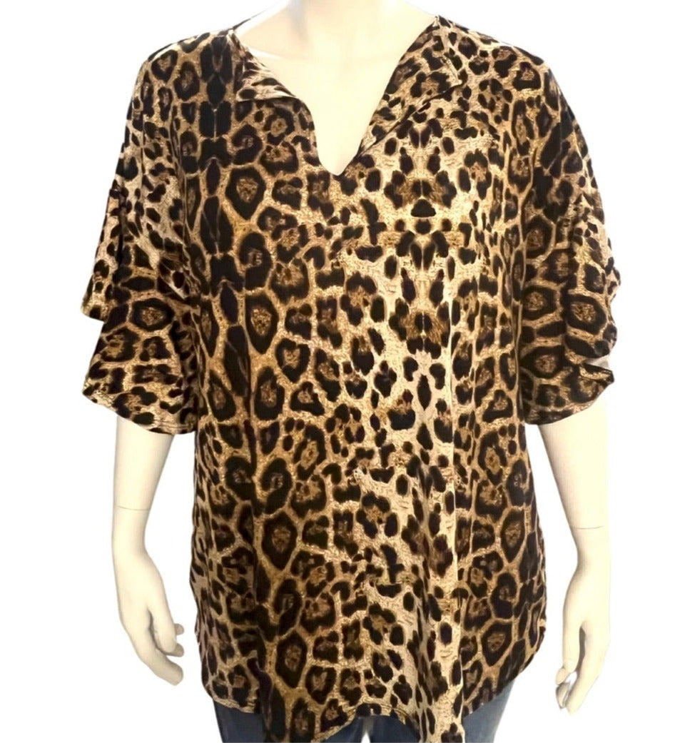 Animal Print Split Collar Leopard Print Plus Size Womens Top