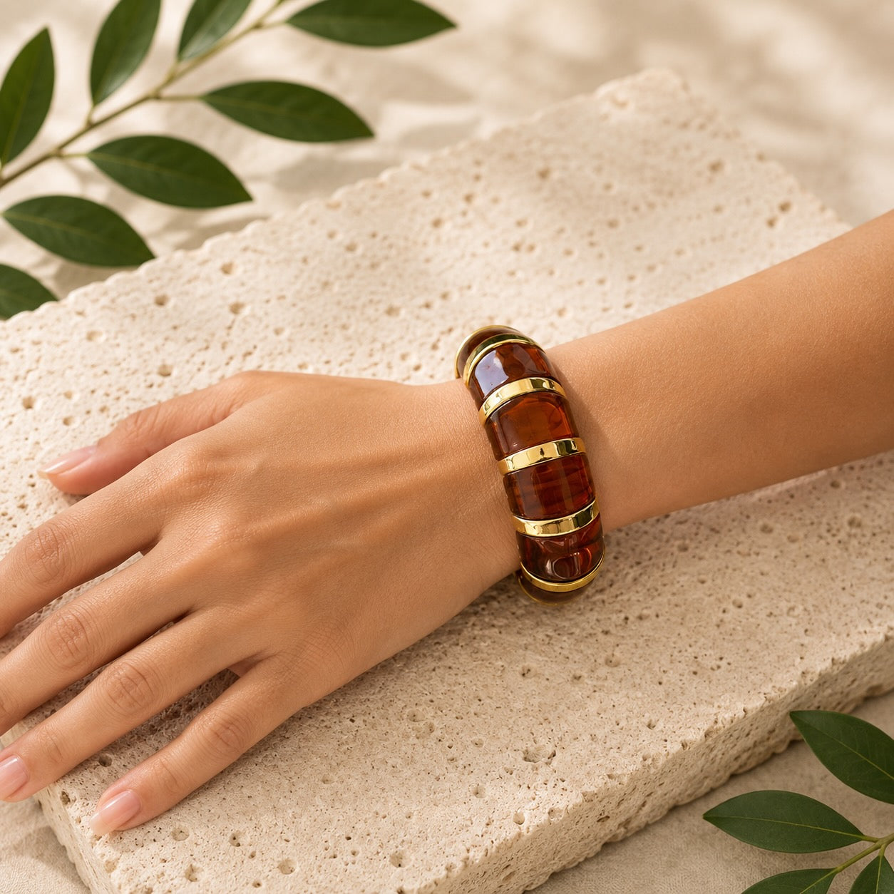 Marbled Amber Gold Acrylic Bead Bangle Bracelet Women's Statement Jewellery