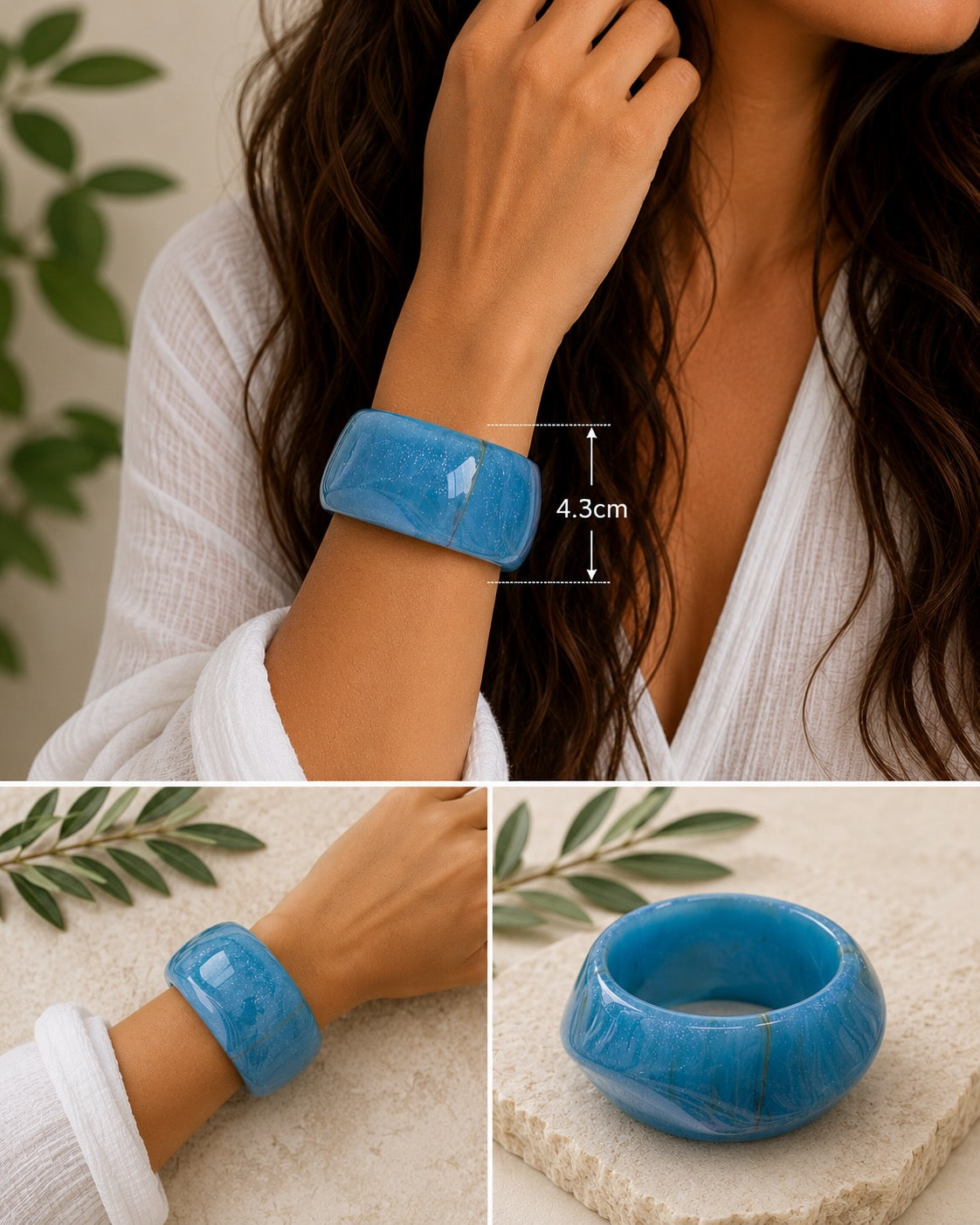Light Blue Glitter Resin Bangle Bracelet Women's Sparkly Statement Jewellery