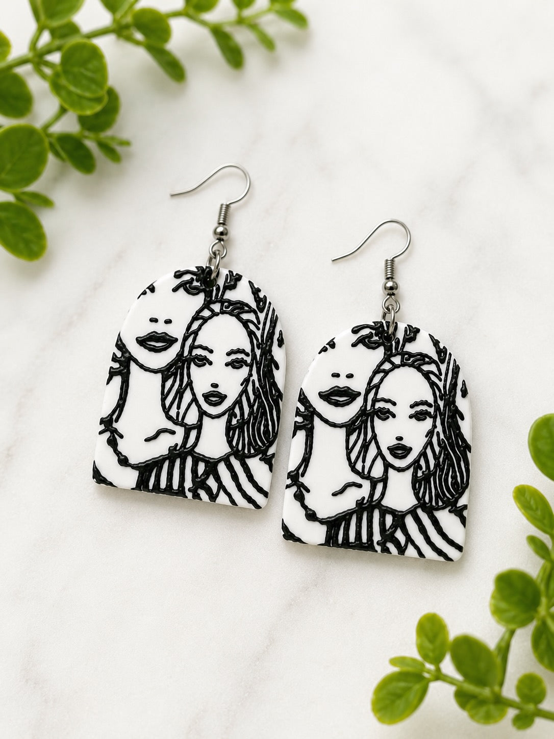Black & White Face Drawing Acrylic Dangle Earrings | Abstract Art Statement Earrings | Hypoallergenic Stainless Steel