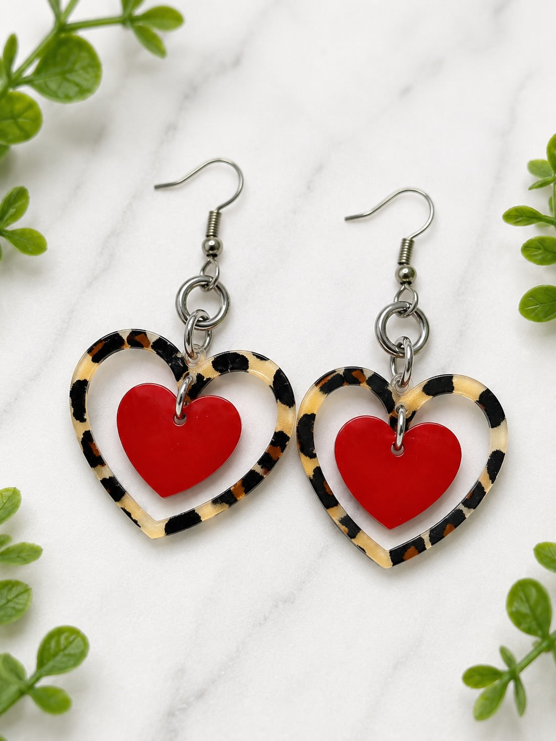 Leopard Heart Frame Earrings, Red Heart Dangles, Acrylic Statement Jewellery, Hypoallergenic Gift for Her