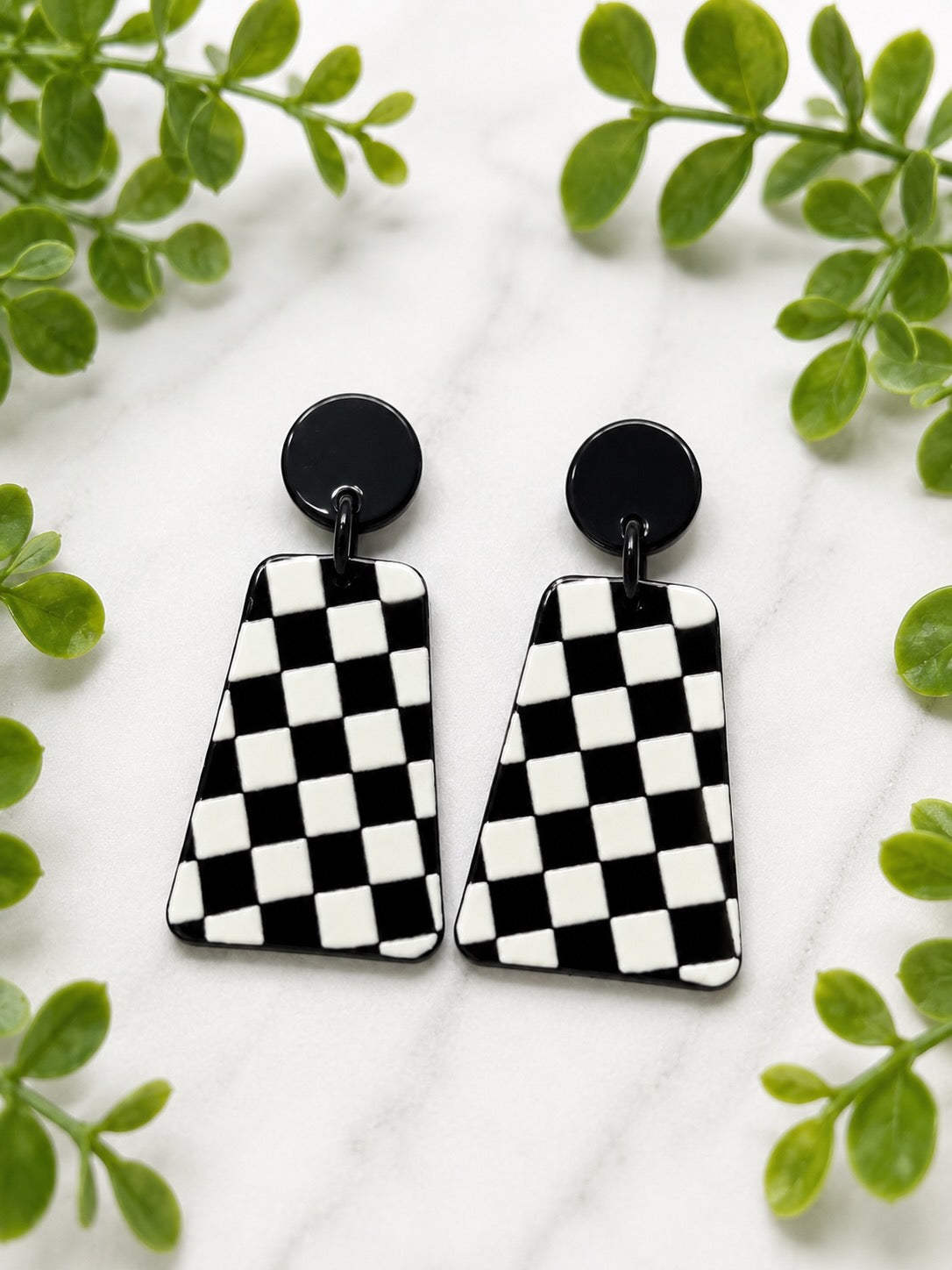 Black & White Checkered Acrylic Stud Dangle Earrings | Hypoallergenic Stainless Steel Stud | Statement Earrings