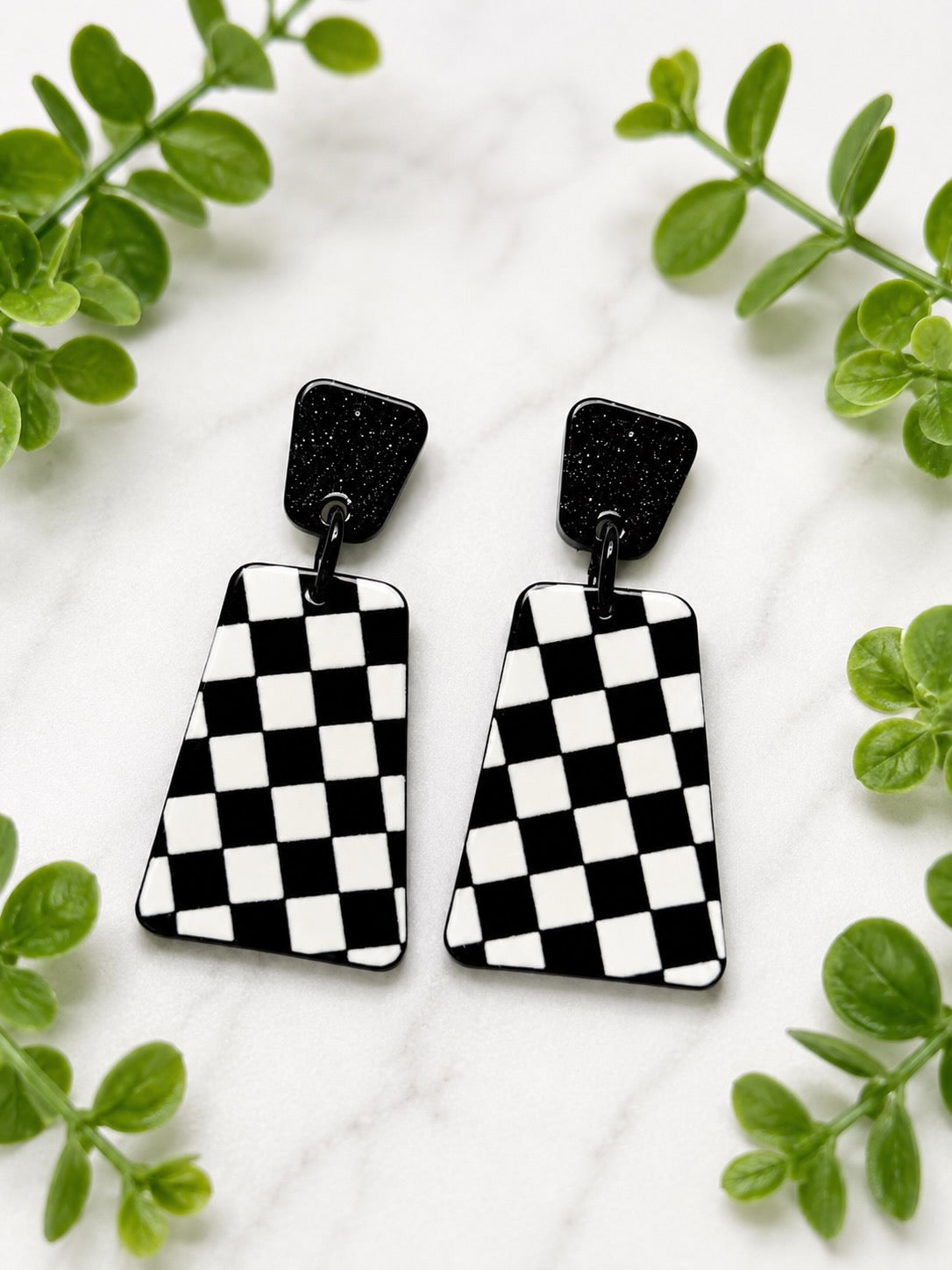 Black & White Checkered Acrylic Stud Dangle Earrings | Hypoallergenic Stainless Steel Stud | Statement Earrings