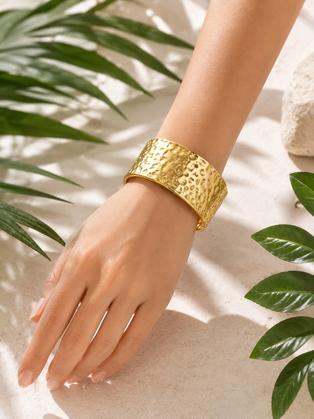 Women's 18K Gold Plated Hammered Stainless Steel Wide Cuff Bangle Bracelet