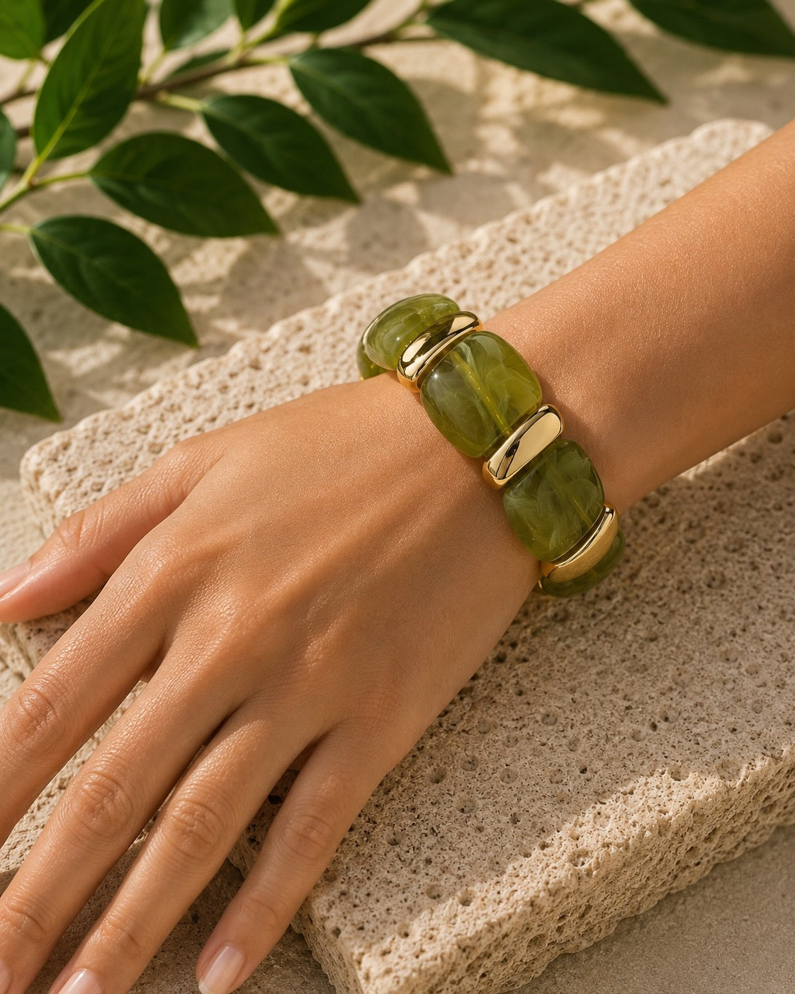 Marbled Olive Green and Gold Acrylic Bead Bangle Bracelet Women's Statement Jewellery (Copy)