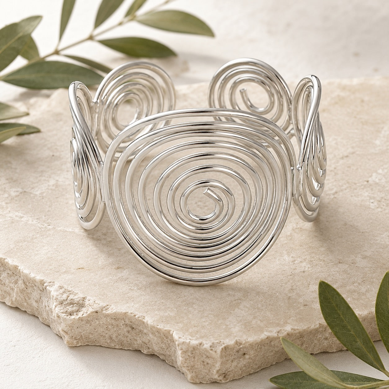 Platinum Spiral Wide Cuff Bangle Bracelet Women's Statement Jewellery