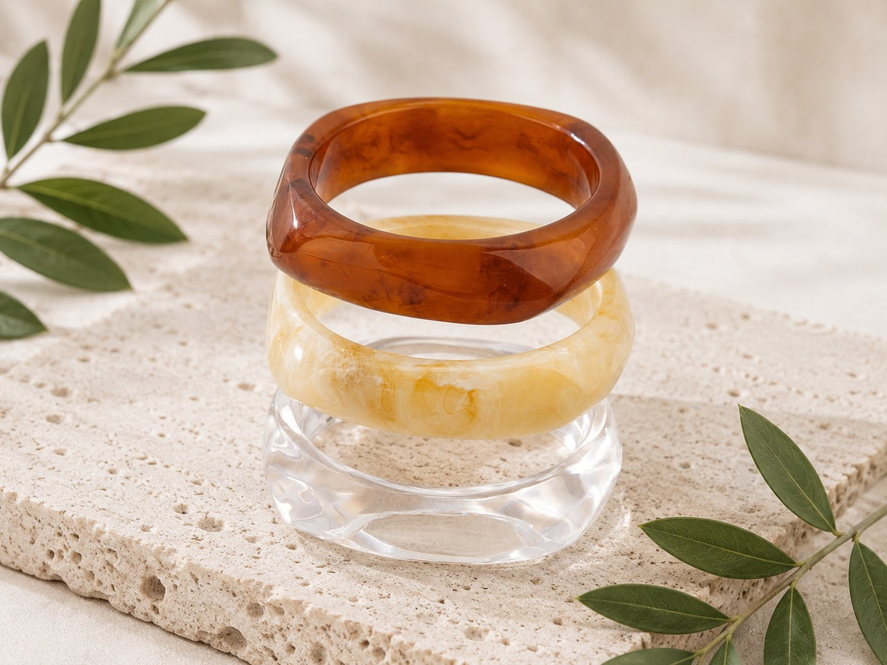 3Pc Marble Acrylic Bangle Set Mixed Colours Women's Stackable Bracelets