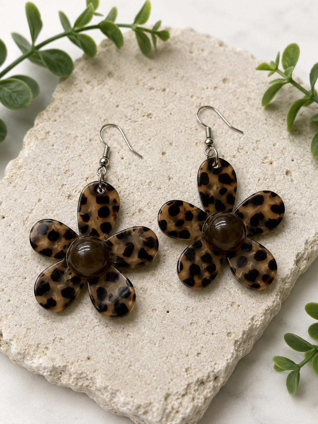 Leopard Print Flower Earrings, Acrylic Floral Dangles, Hypoallergenic Stainless Steel Gift