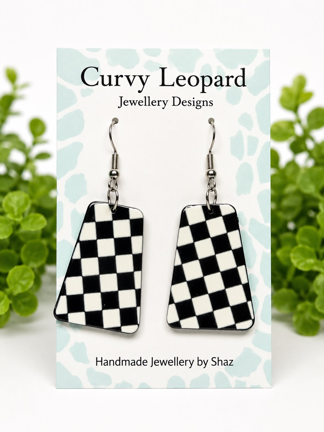 Black & White Checkered Acrylic Dangle Earrings | Hypoallergenic Stainless Steel Ear Wires | Statement Earrings