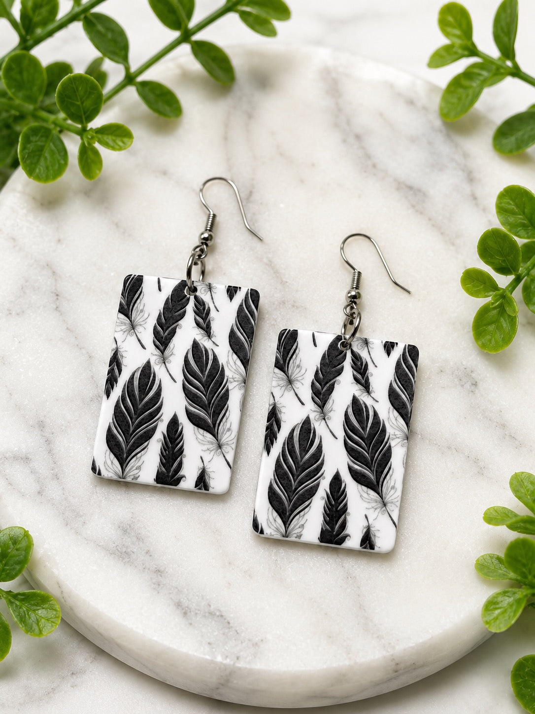 Black & White Feather Print Acrylic Dangle Earrings | Hypoallergenic Stainless Steel Statement Earrings