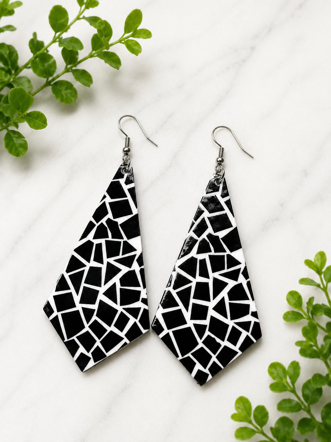 Black & White Aztec Print Acrylic Dangle Earrings | Hypoallergenic Stainless Steel Statement Earrings