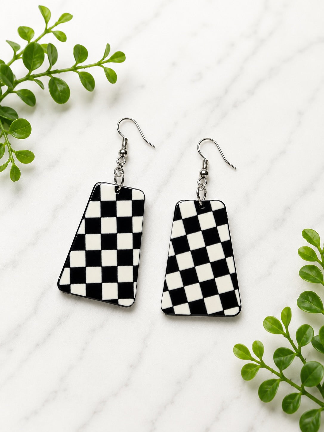 Black & White Checkered Acrylic Dangle Earrings | Hypoallergenic Stainless Steel Ear Wires | Statement Earrings
