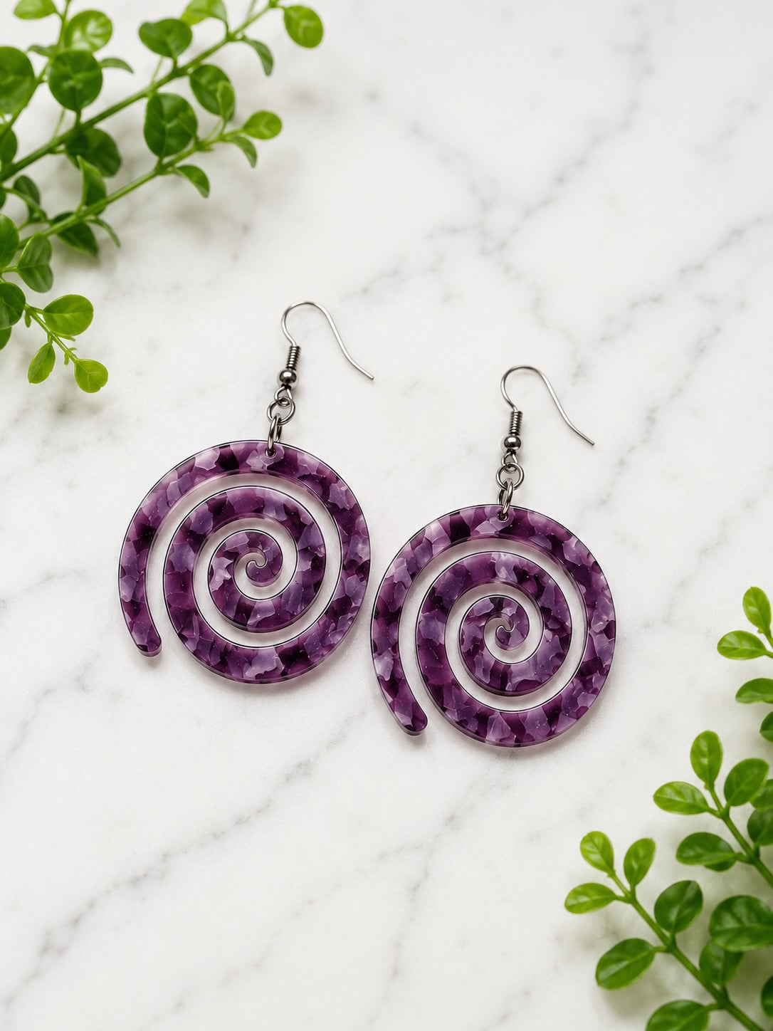 Purple Swirl Circle Acrylic Dangle Earrings | Hypoallergenic Stainless Steel Ear Wires | Statement Earrings