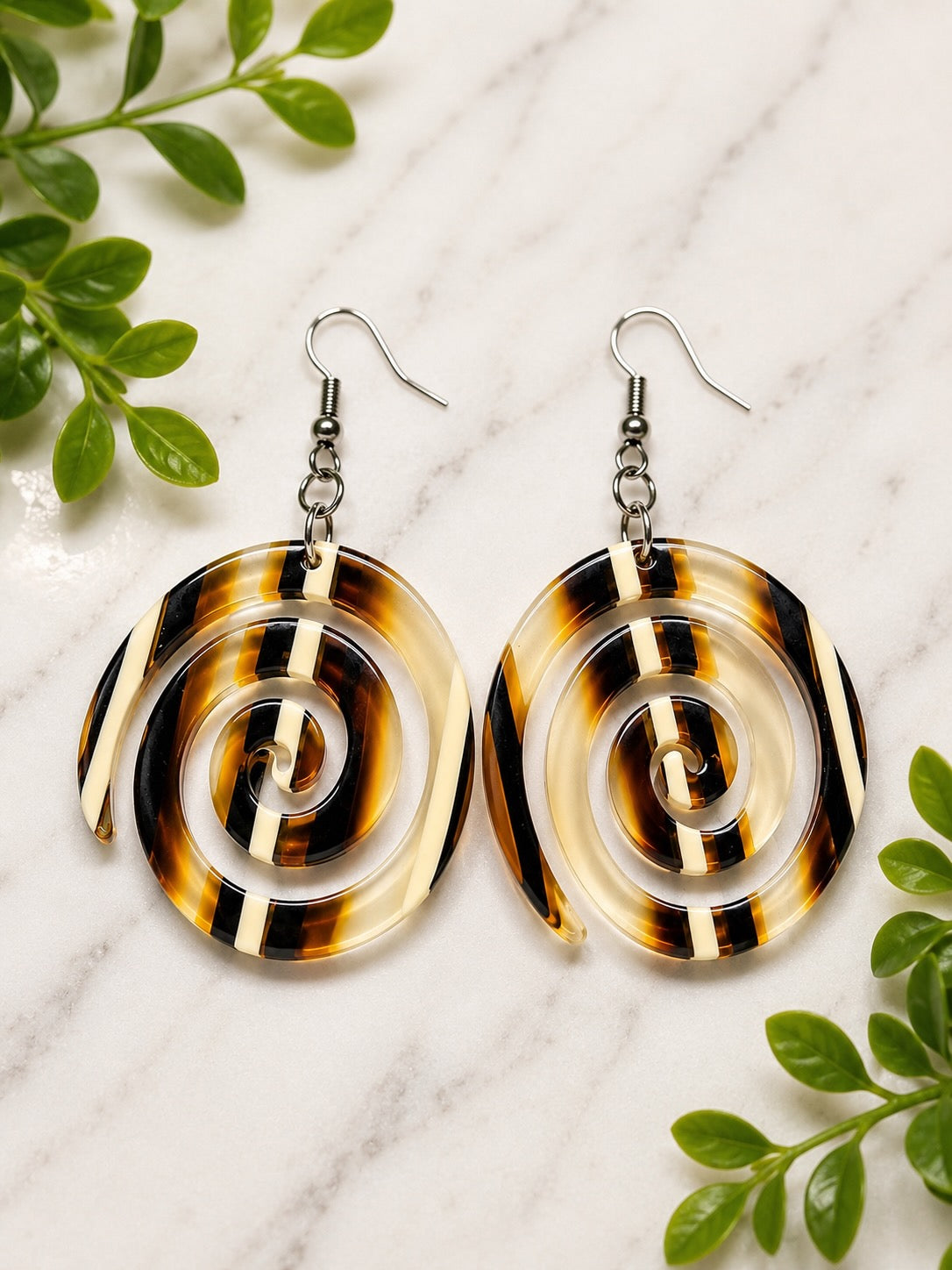 Brown Swirl Circle Acrylic Dangle Earrings | Hypoallergenic Stainless Steel Ear Wires | Statement Earrings