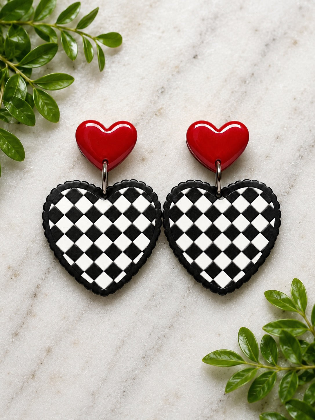 Red Heart Stud Earrings, Black White Check Heart Dangles, Acrylic Statement Earrings, Hypoallergenic