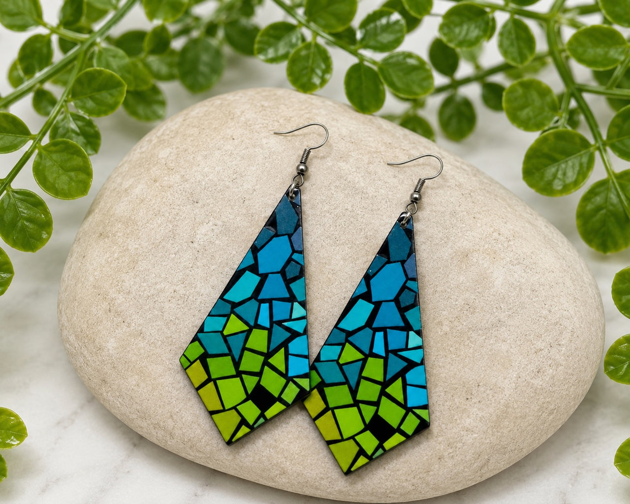 Green Aztec Print Acrylic Dangle Earrings | Hypoallergenic Stainless Steel Statement Earrings