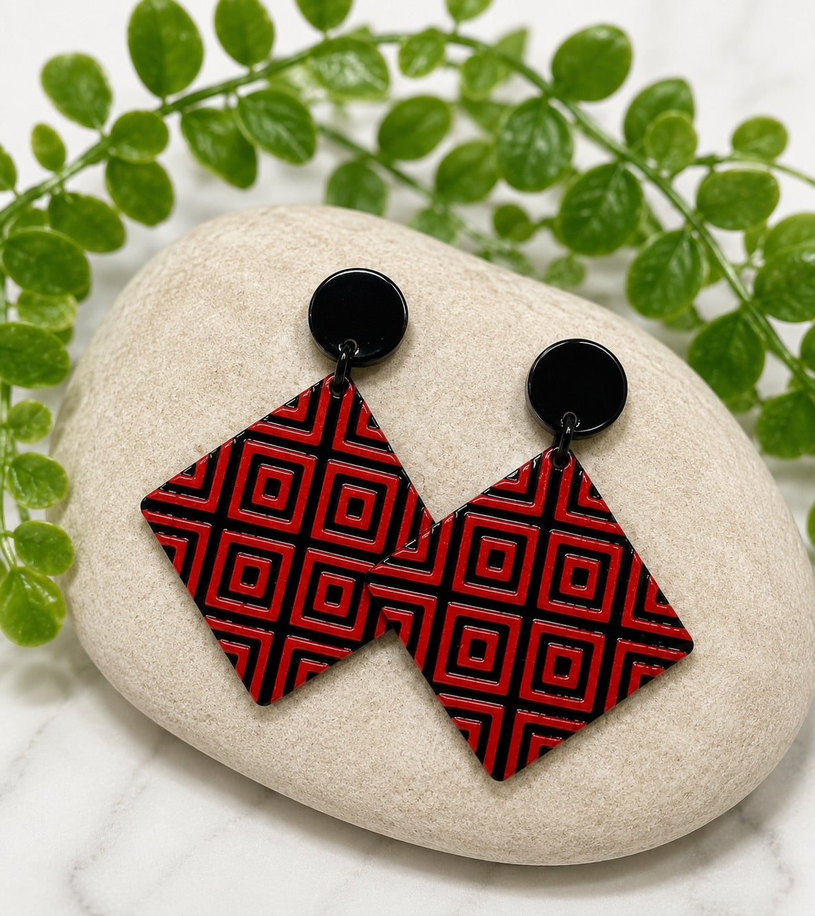 Red & Black Pattern Acrylic Dangle Earrings | Black Studs | Hypoallergenic Stainless Steel Statement Earrings