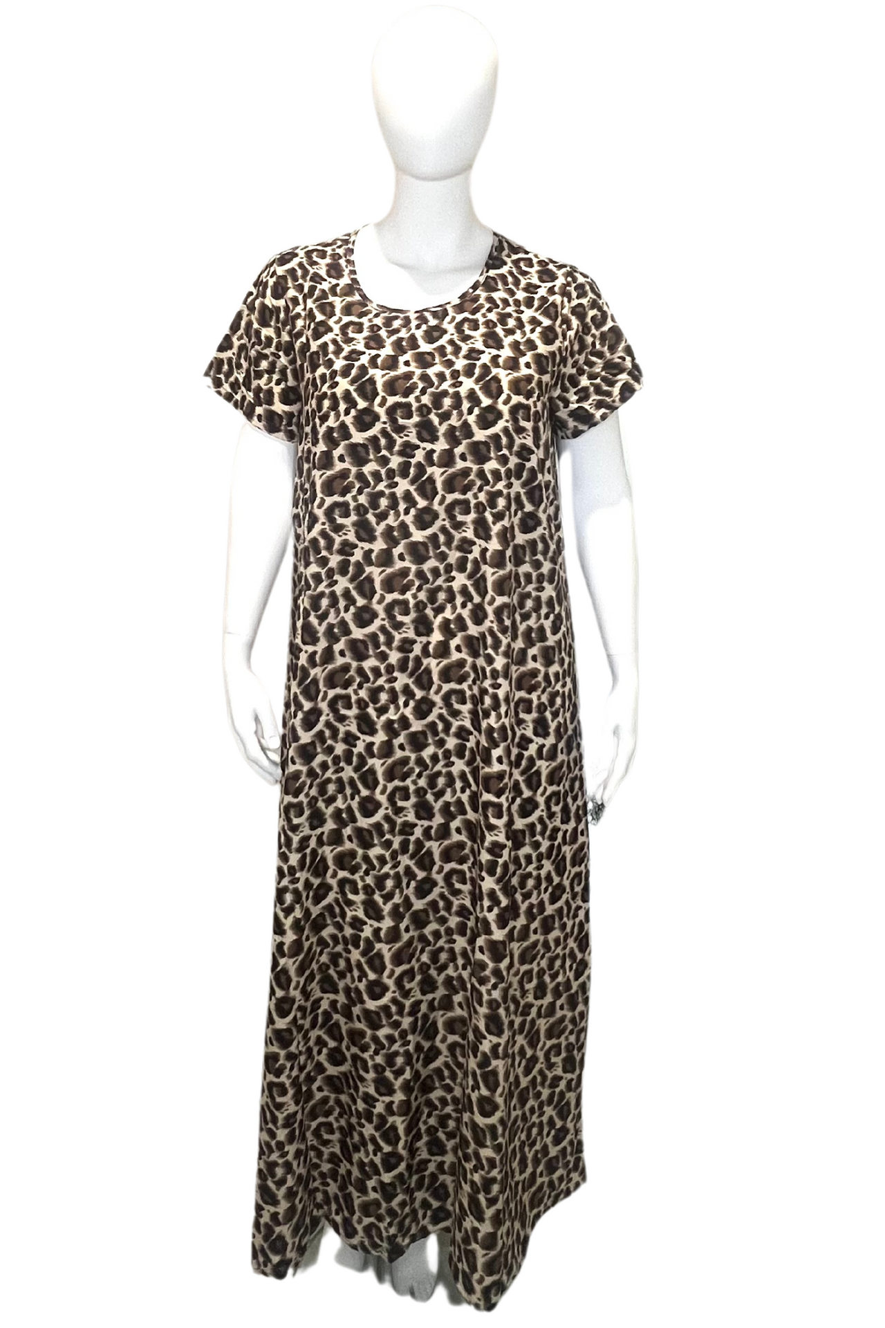 Plus Size Retro Abaya Dress, Women's Plus Leopard Print Short Sleeve Round Neck Maxi Summer Dress