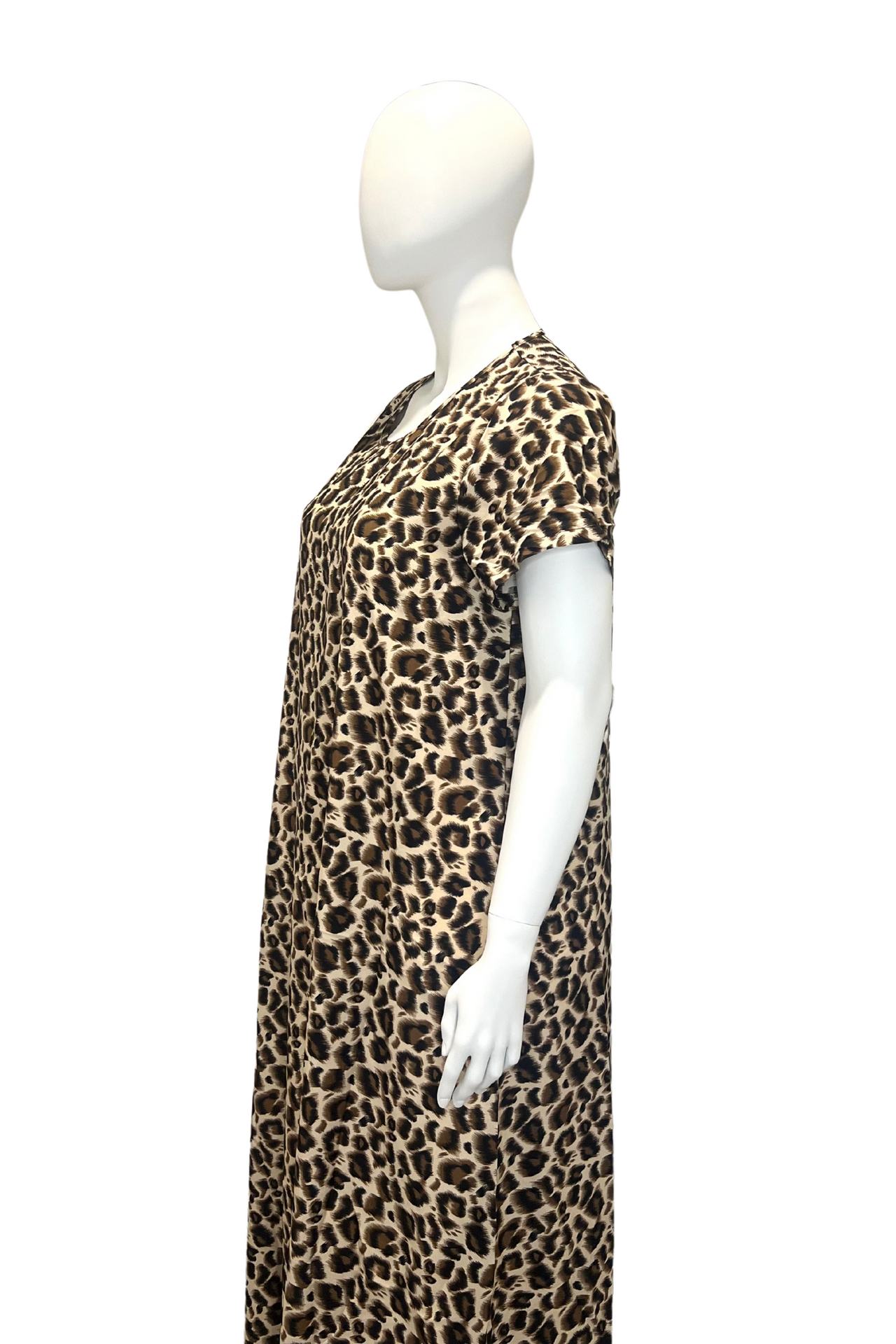 Plus Size Retro Abaya Dress, Women's Plus Leopard Print Short Sleeve Round Neck Maxi Summer Dress