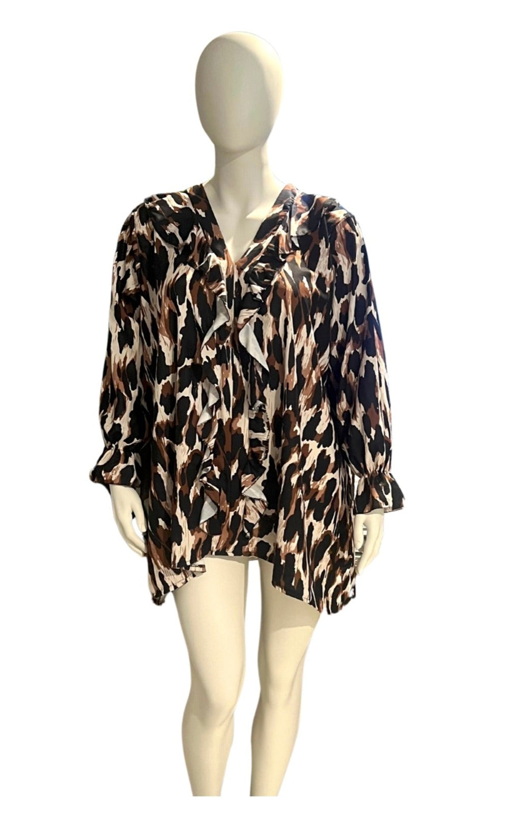 Plus Size Black Leopard Print Long Sleeves Frill Detail V Neck Top