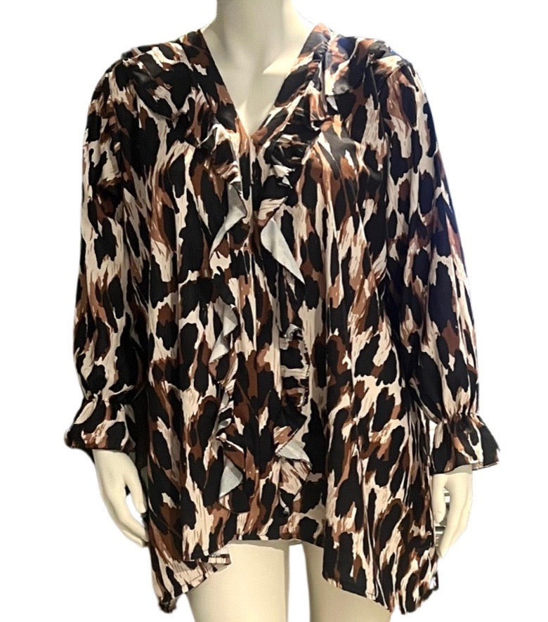 Plus Size Black Leopard Print Long Sleeves Frill Detail V Neck Top