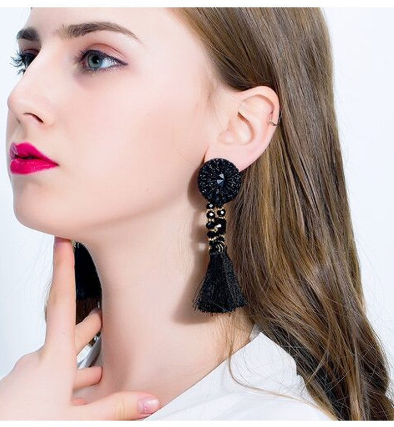 Black Tassel Artificial Crystal Cloth Plating Drop Earrings Womens Fashion Accessories Tassel Earrings