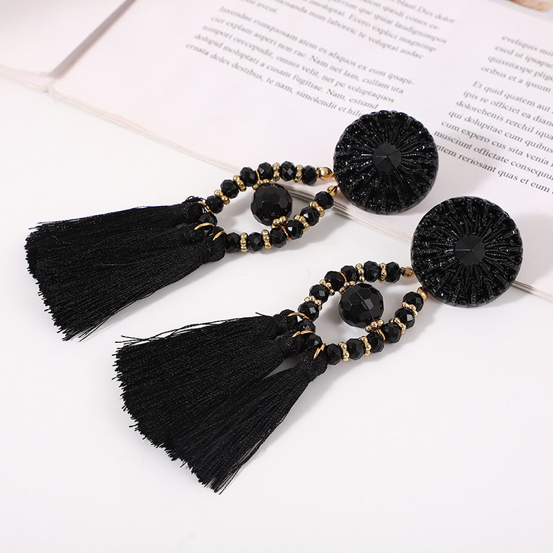 Black Tassel Artificial Crystal Cloth Plating Drop Earrings Womens Fashion Accessories Tassel Earrings
