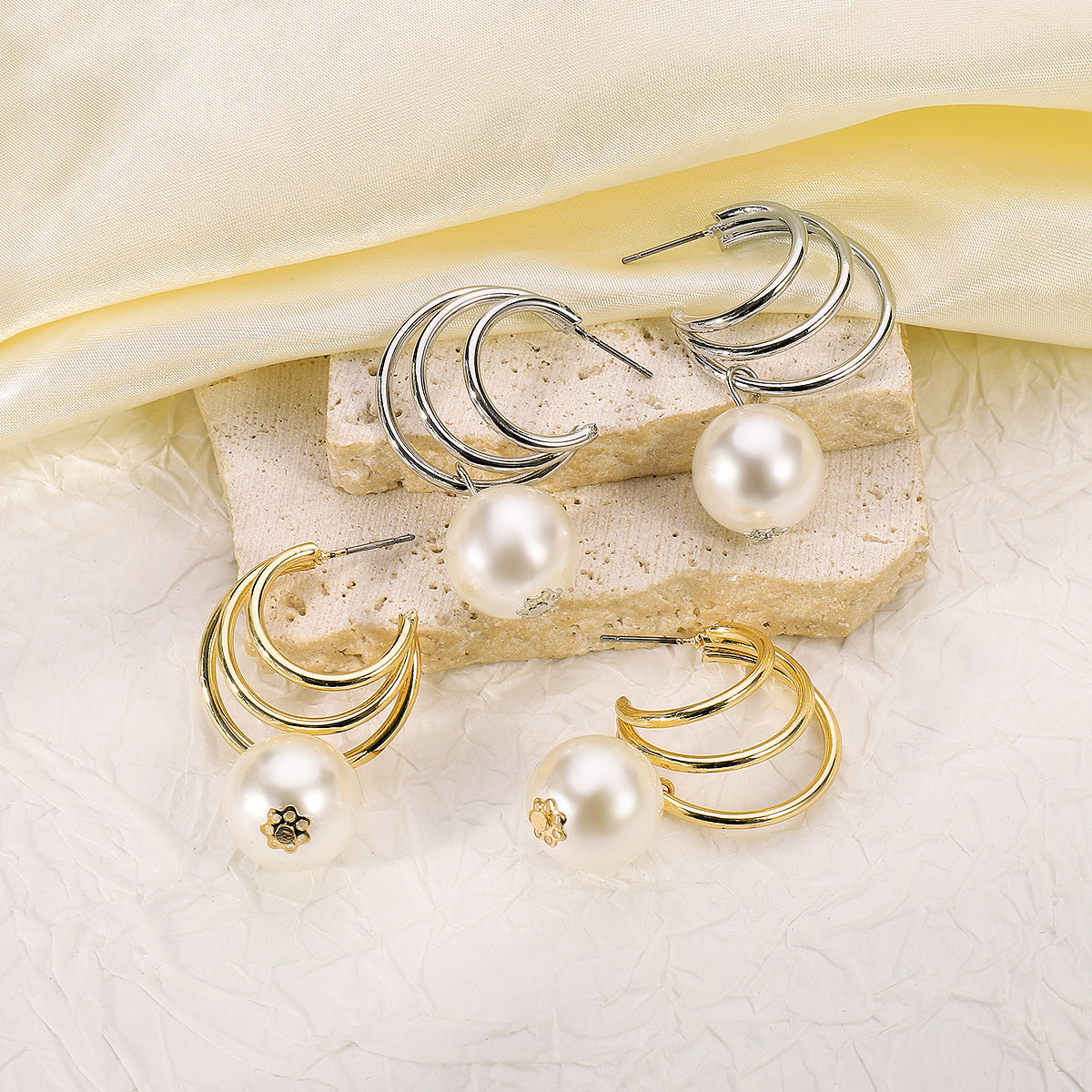 Silver & Pearl Geometric Plating Inlay Alloy Artificial Pearls Drop Earrings