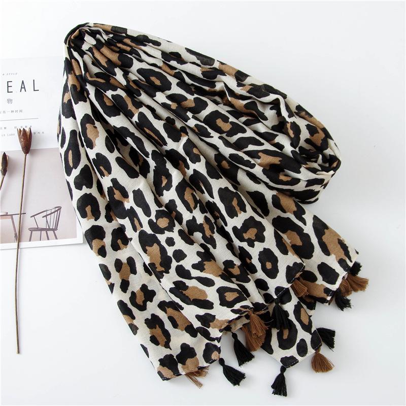 Classic Fashion Beige Leopard Scarf Long Section Cotton And Linen Shawl