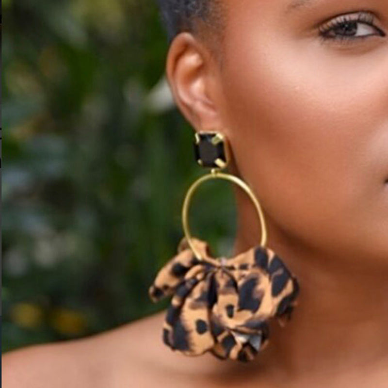 Personality Exaggerated Leopard Print Fabric Geometric Imitation Gemstone Inlaid Earrings