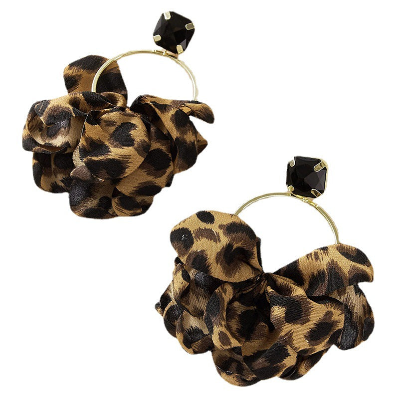 Personality Exaggerated Leopard Print Fabric Geometric Imitation Gemstone Inlaid Earrings