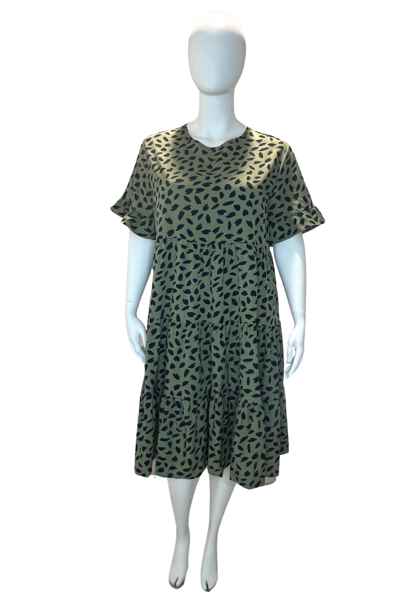 Women’s Casual Midi Dress – Olive Green or Black with Beige Leaf Print, Relaxed Fit, Tiered Ruffle Style