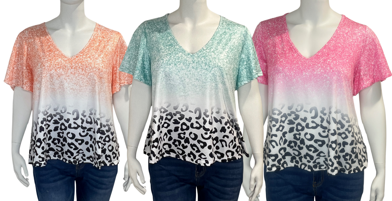 Plus Size Casual Top, Women's Plus Ombre & Floral & Glitter Print Short Sleeve V Neck Slight Stretch Top